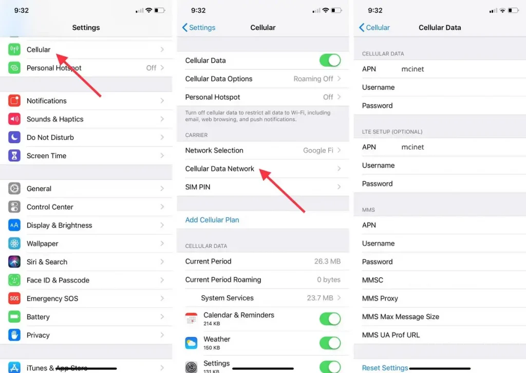 تنظیمات Access Point Name در تنظیمات اینترنت در آیفون