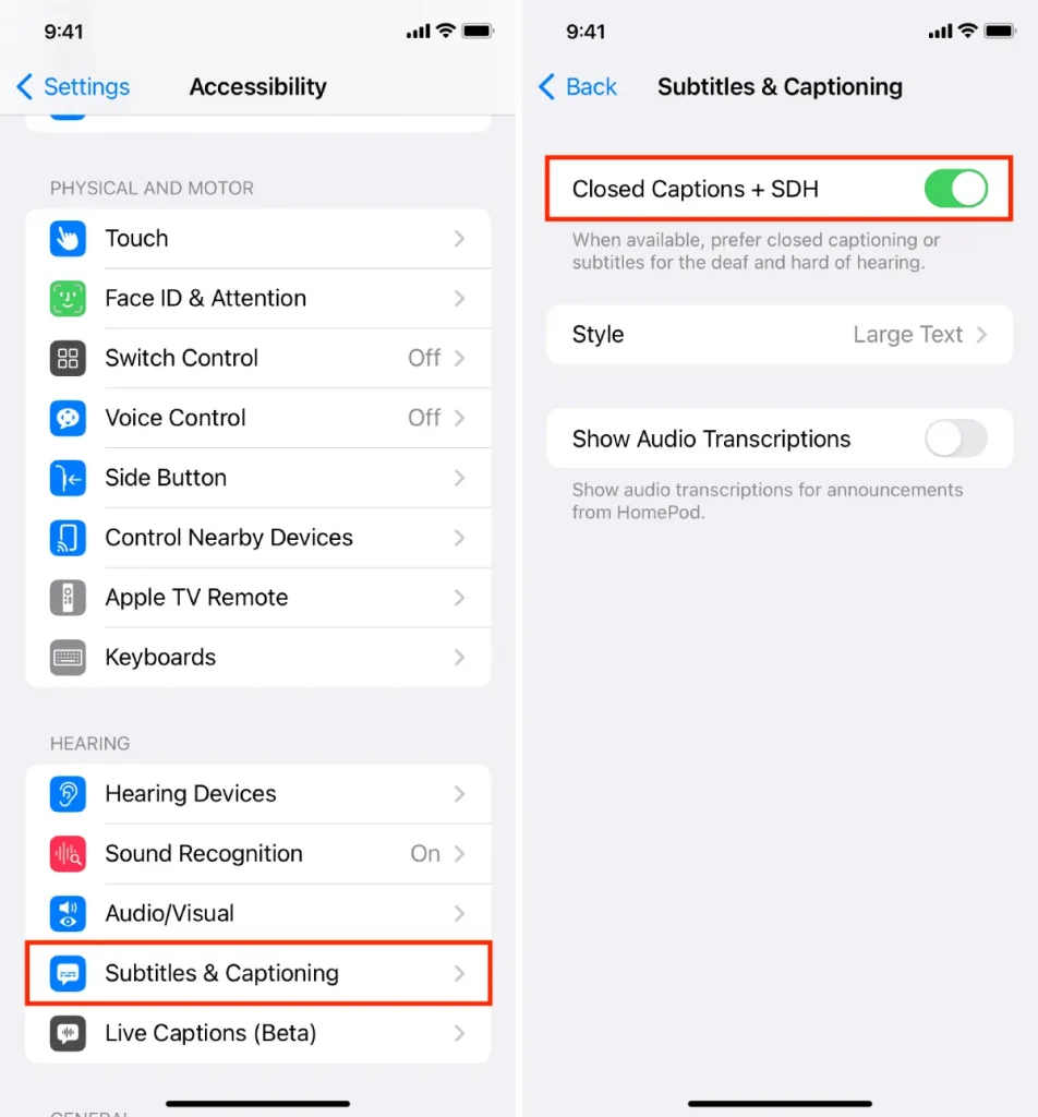 استفاده از تنظیمات برای فعال سازی زیرنویس در آیفون