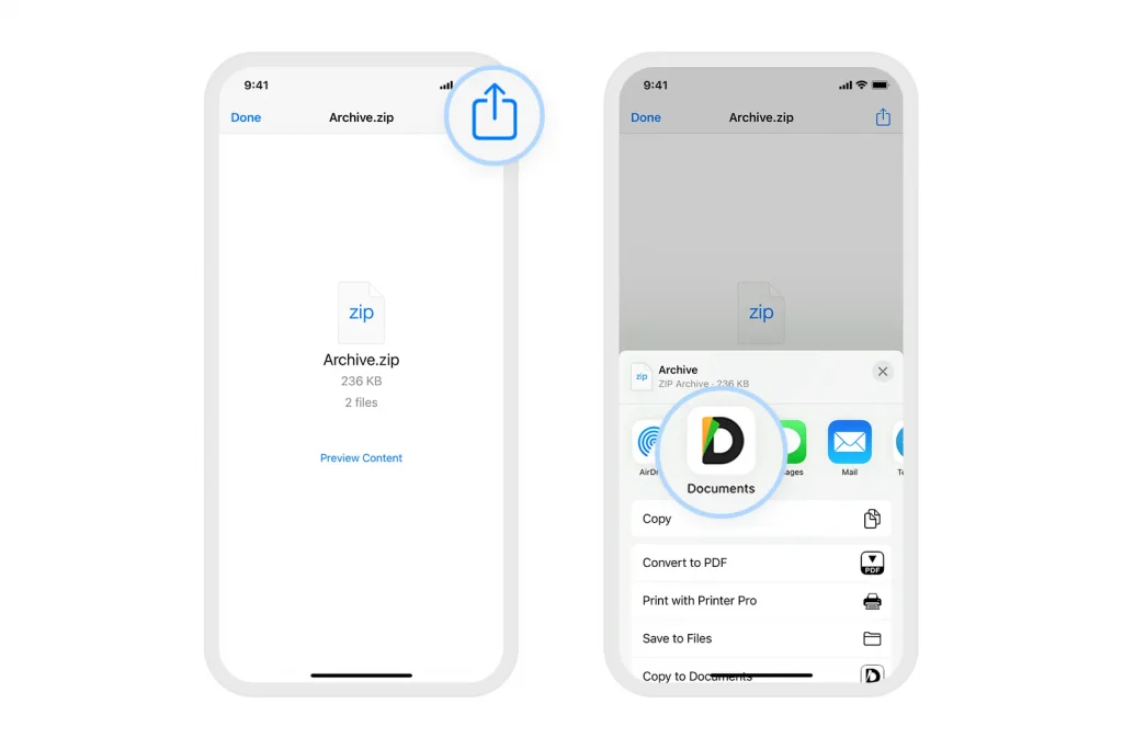 باز کردن فایل زیپ با برنامه Documents آیفون