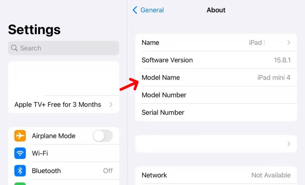 بررسی تنظیمات دستگاه برای شناسایی مدل آیپد