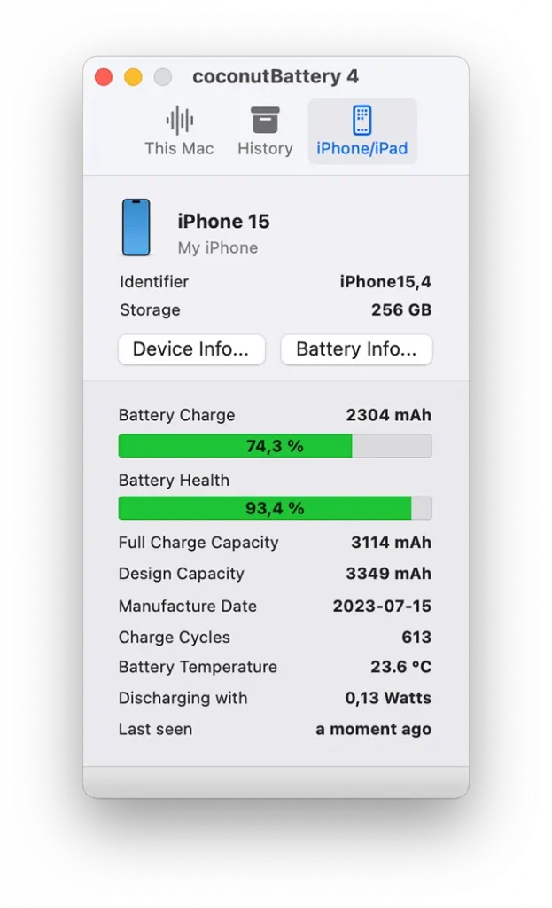 اپلیکیشن CoconutBattery برای آیفون