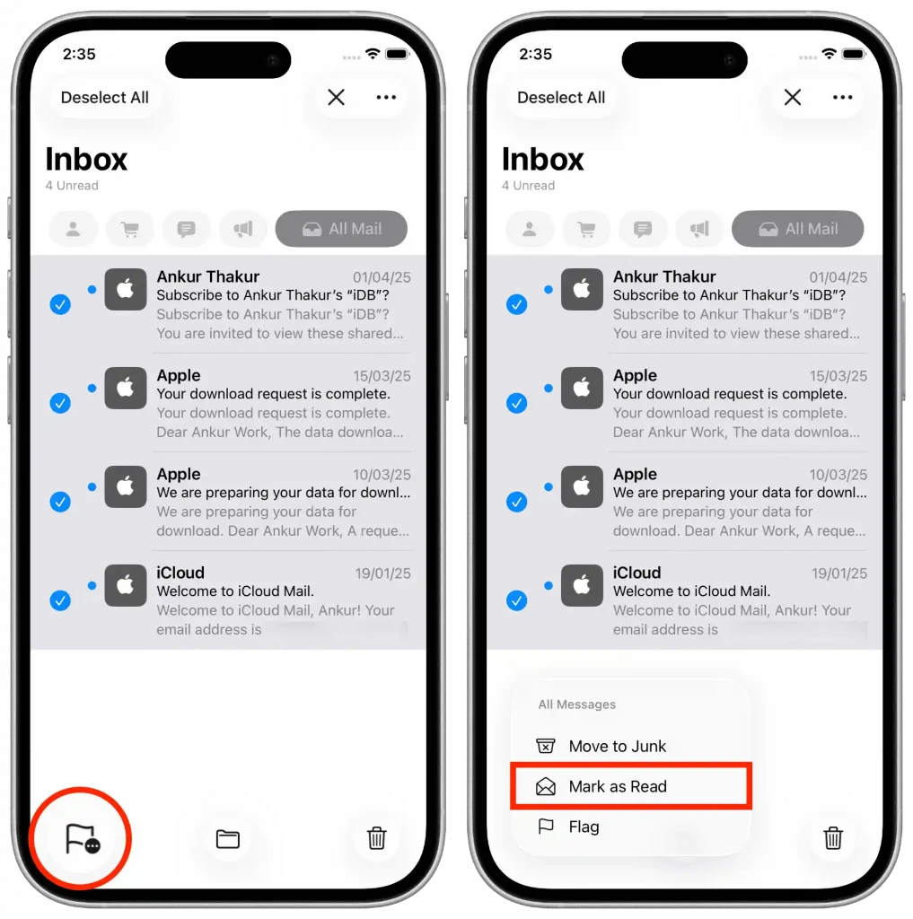 قابلیت Mark as Read ایمیل آیفون