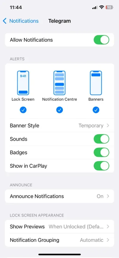 تنظیمات نوتیفیکیشن های تلگرام در آیفون